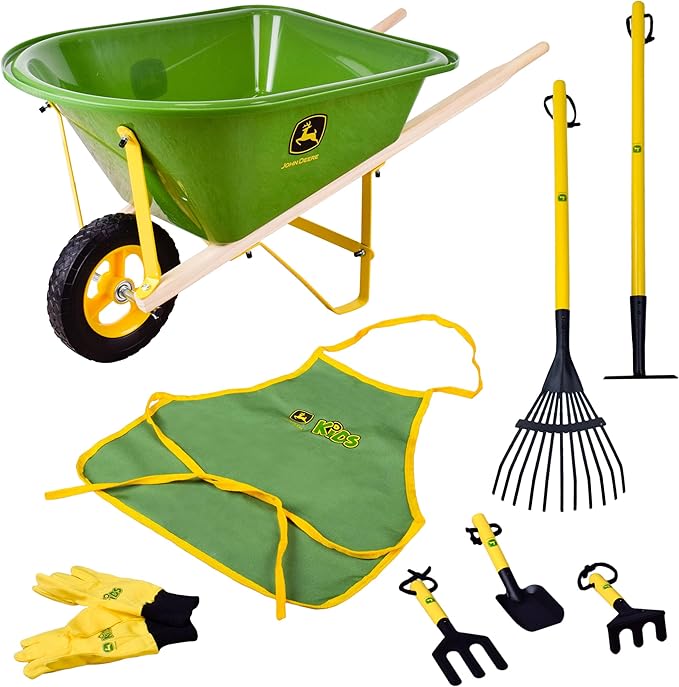 John Deere Deluxe 34" Wheelbarrow and Garden Set Includes 5 Realistic Gardening Tools,Gardening Apron, Gardening Gloves, Large Metal Wheelbarrow with Wooden Handles, Outdoor Toy Ages 5+