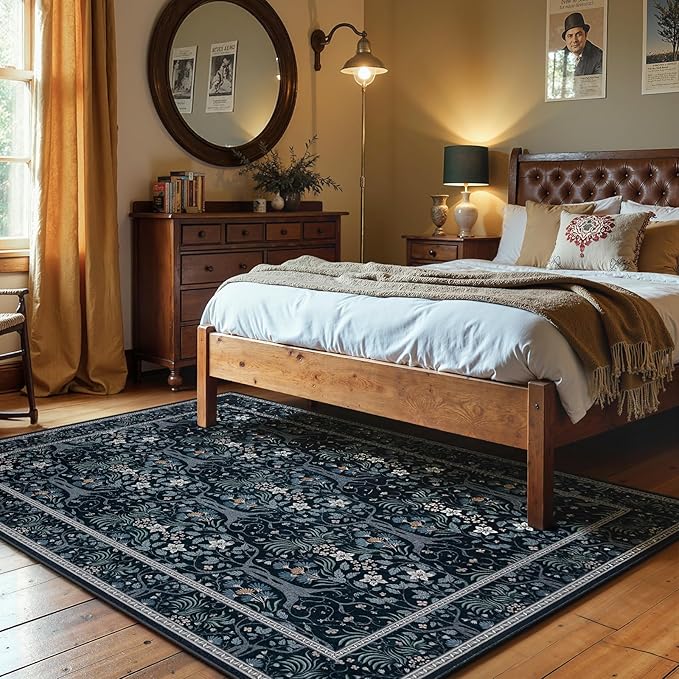 Joydeco Machine Washable Area Rugs 5x7, Boho Floral Rug for Bedroom Non Slip, Soft Forest Botanical Low-Pile Floor Indoor Throw Carpet for Living Dining Room Dorm Office, Blue-Black