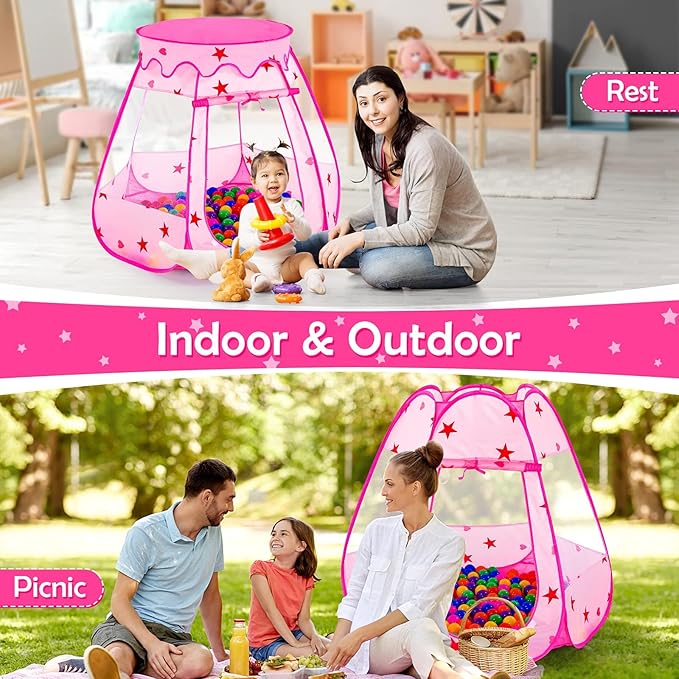 Baby Ball Pit for Toddler with 50 Balls, Kids Pop Up Play Tent for Girls, Princess Toys for Children Indoor & Outdoor Playhouse with Carry Bag
