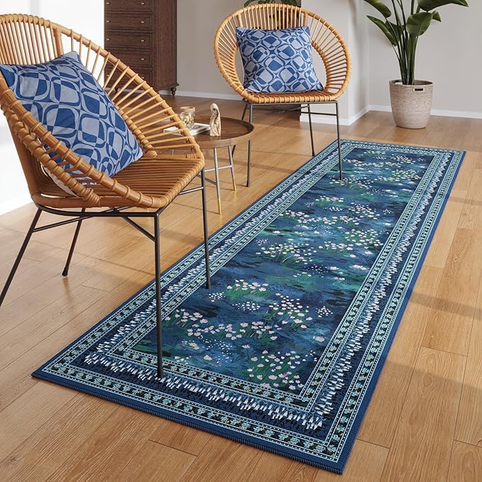 2x6 Runner Rug Impressionist-Style Vintage Kitchen Rugs Non Slip Washable Soft Carpet Runner for Kitchen Laundry Bedroom Bathroom, Blue
