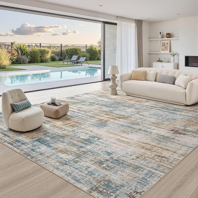 Area Rug for Living Room: 12x15 Washable Neutral Abstract Modern Soft Rugs Non Slip Indoor Floor Stain Resistant Large Carpet for Bedroom Dining Room Office Nursery - Blue Brown