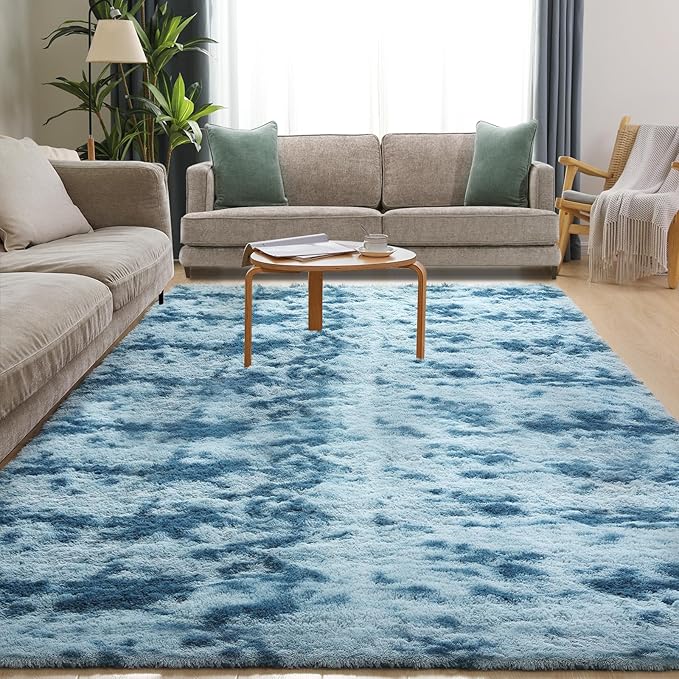 Area Rugs 8x10, Fluffy Rugs for Living Room, Ultra Soft Rugs for Bedroom, Non-Slip Indoor Carpet for Nursery, Kids Room, Playroom, Home Decor, Tie-Dyed Blue