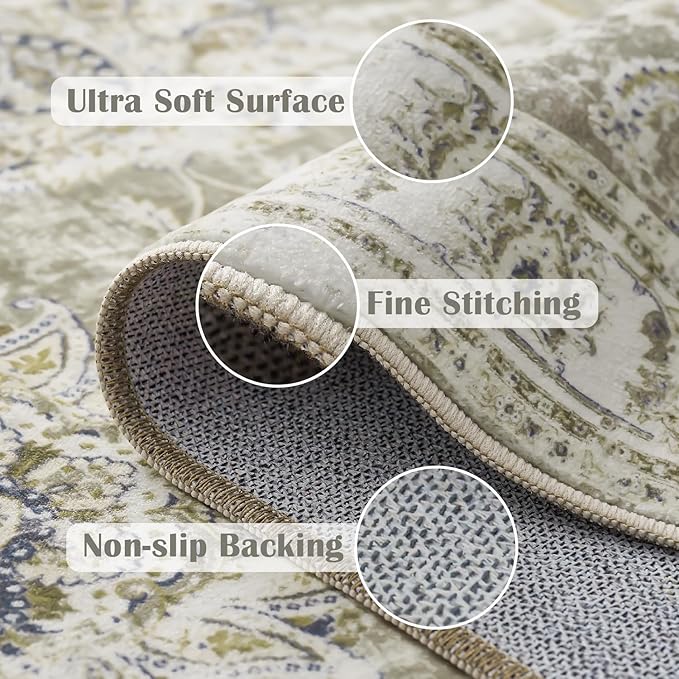 jinchan Washable Area Rug 4x6 Ultra-Thin Low Pile Non Slip Stain Resistant Soft Faux Wool Floral Rug Distressed Boho Vintage Carpet for Bedroom,Living Room,Dining Room,Kitchen,Nursery(Taupe, 4' x 6')