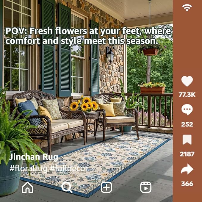 jinchan 3x8 Floral Runner Rug for Hallway Washable Kitchen Runner Vintage Romance Design Non Slip Thin Indoor Floor Cover Low-Profile Throw Carpet for Entryway Bathroom Bedroom Porch, Blue/Beige