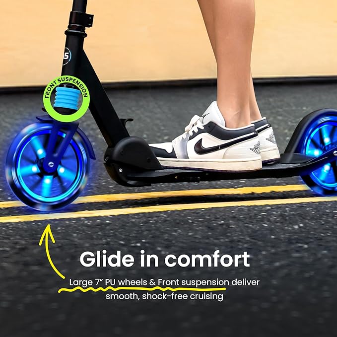Aero Big Wheels Kick Scooter for Kids 6+, Teens & Adults | Light Up Wheels, Hand Brake, Rubber Deck Mat & Shock Absorption | Foldable & Height Adjustable