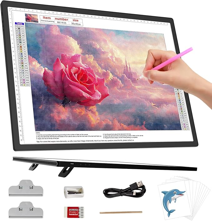 HIUKCOLED A3 Built-in Tilt Stand Light Tracing Box, 6-level＆Stepless Dimmable Adjustable Brightness Light Pad with 3 Colors,Battery Powered LED Light Board for Drawing,Diamond Painting,Sketching,X-Ray