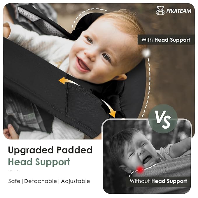 FRUITEAM Baby Carrier Newborn to Toddler, Safety-Certified Waist Stool with Hip Seat, Ergonomic 6-in-1 Baby Carrier with Head Support, Adjustable & Removable Baby Holder for All Seasons, Black