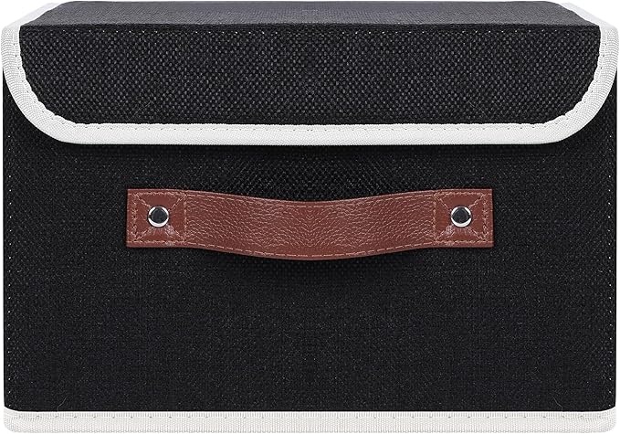 ANMINY Storage Bin with Lid Storage Boxes with PU Leather Handles PP Plastic Board Decorative Foldable Lidded Cotton Linen Fabric Home Cubes Baskets Closet Organizer Container - Black, Small Size