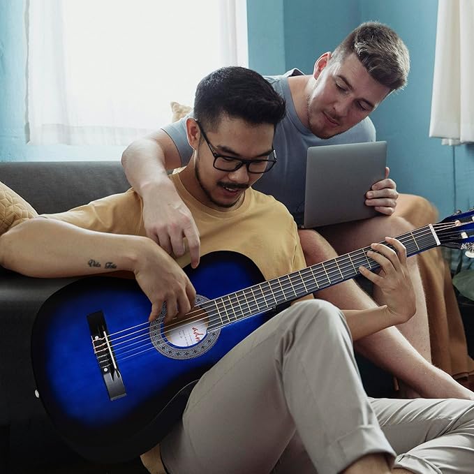 ADM Beginner Acoustic Classical Guitar 38 Inch Nylon Strings Wooden Guitar Bundle Kit for Kid Boy Girl Student Youth Guitarra Online Lessons with Gig Bag, Strap, Tuner, Strings, Blue