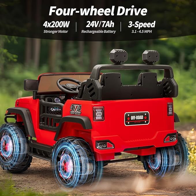 2 Seater Ride on Toy Car for Kids, 24V 4WD Ride-on Truck Kids Electric Car with Remote Control, 4x200W Motors - Red