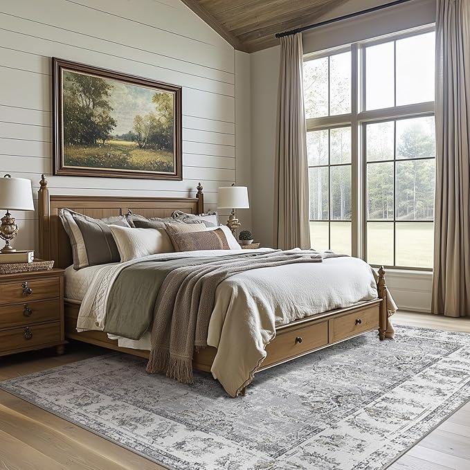 jinchan Washable Area Rug 8x10 for Living Room Soft Faux Wool Ultra-Thin Stain Resistant Non-Slip Distressed Vintage Floral Large Carpet for Bedroom,Dining Room,Home Office,Nursery(Grey, 8'x10')