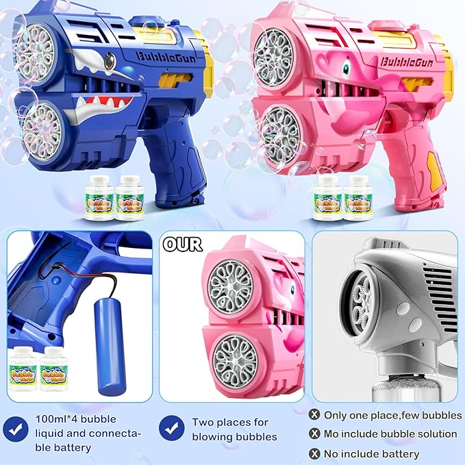 2 Pack Bubble Guns for Kids, LED Light Up Rechargeable Bubbles Machine Blower with 4 Bottles Refill Solution, Toddlers 4-8 Wedding Birthday Easter Party Gift