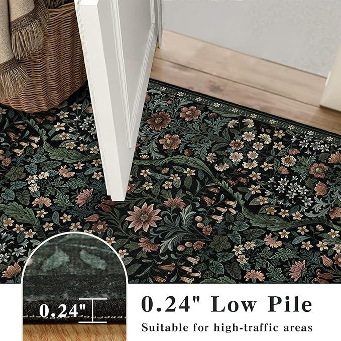 3x5 Black Boho Floral Vintage Area Rug,Soft Lightweight Low Pile Non-Shedding Carpet,Machine Washable Stain Resistant & Non-Slip for Entryway,Bedroom, Kids Room,Living Room