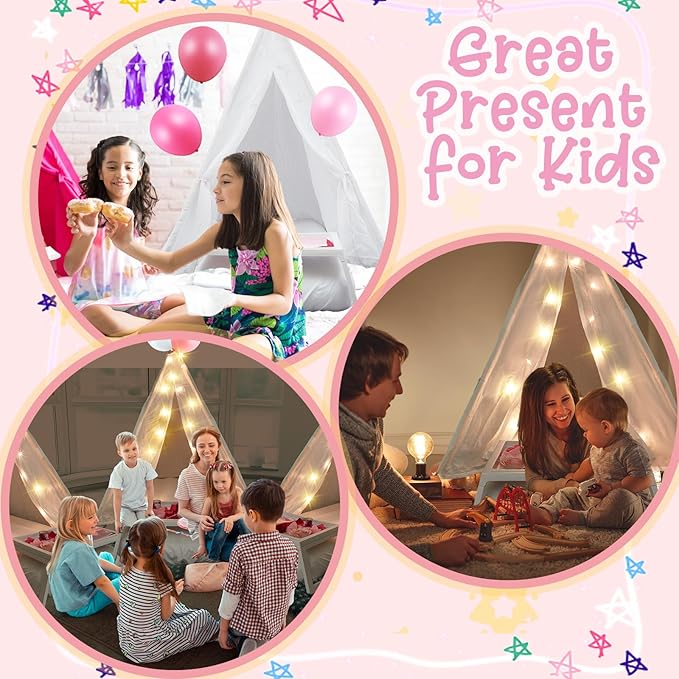 8 Pack Sleepover Tent for Girls Party,Teepee Tent for Kids Slumber Party Bulk with Light String,Air Mattress,Fitted Sheet,Washable Natural Cotton Toddler Teepee Indoor Outdoor(White)