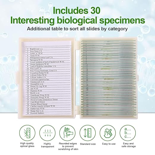 30 Microscope Slides with specimens, Plants, Insects, Animal Cell Samples for use in Biological Science Labs for Children, Students and homeschools