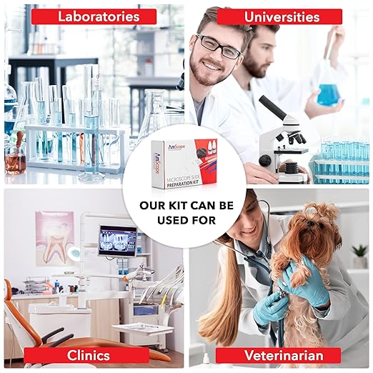 AmScope Microscope Slide Preparation Kit - Includes Blank Microscope Slides, Eosin Red & Methylene Blue Stain Powders, Tweezers, Swab & More - 22-Piece Kit