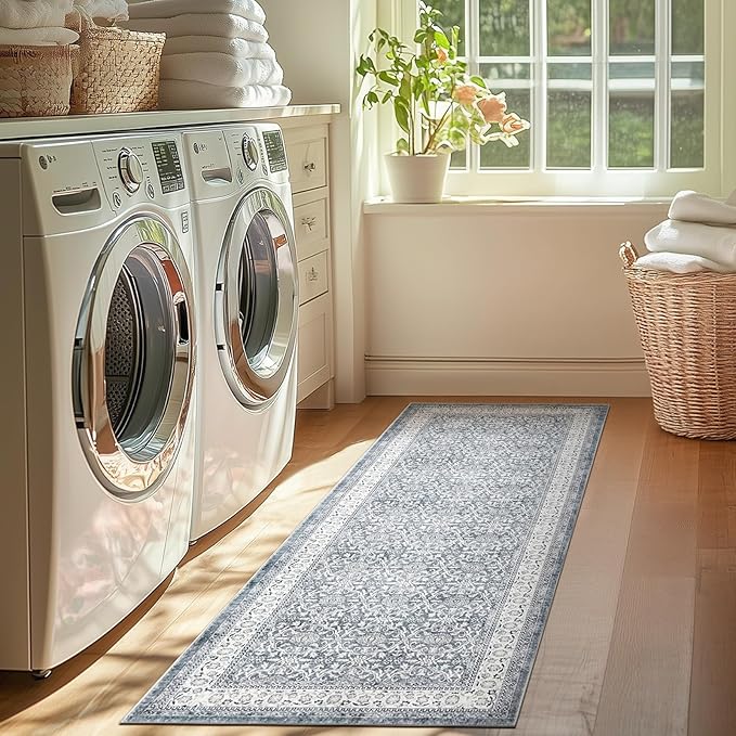 jinchan Hallway Runner Rug 2x8 - Machine Washable Grey Vintage Floral Distressed Design Soft Non-Slip Low-Pile Ultra-Thin Runner Rug for Kitchen Laundry Room Bedroom Farmhouse (2‘x8',Grey)