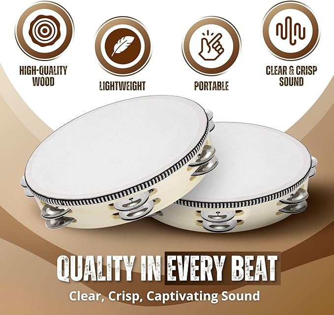 Flexzion Wooden Round Tambourine for Kids and Adults 8" Inch Single Row 8 Pair Jingles, Wood Handheld Percussion Instrument for Beginner and Professional Tambourine Player