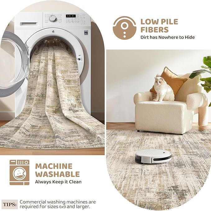 Area Rug for Living Room: 5x7 Washable Neutral Abstract Modern Soft Rugs Non Slip Indoor Floor Stain Resistant Carpet for Bedroom Dining Room Office Nursery - Golden Brown