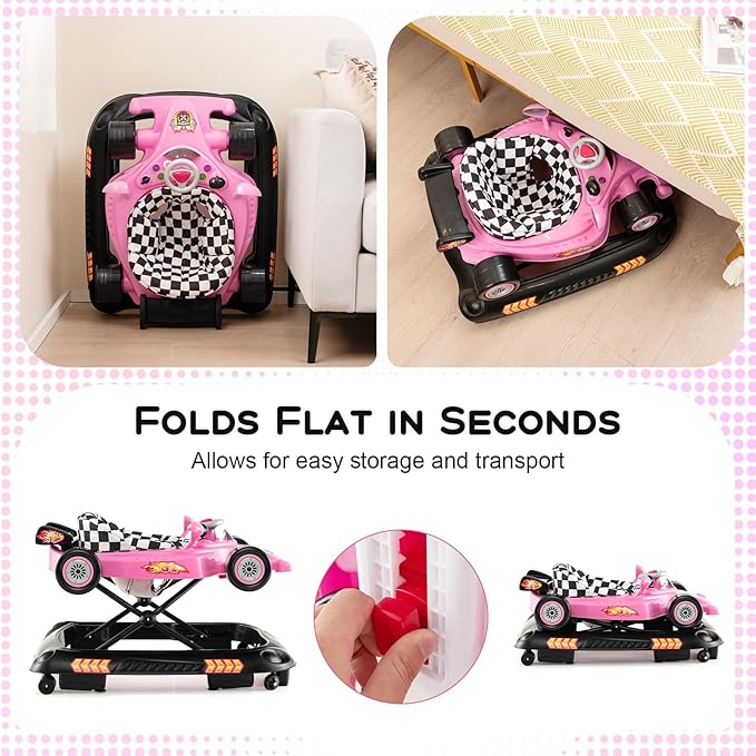 HONEY JOY Baby Walker, 4-in-1 Foldable Infant Activity Push Walker, Toddler Car Walker w/Adjustable Heights, Music, Lights, Removable Tray, Baby Walker with Wheels for Boys Girls 7-14 Months (Pink)