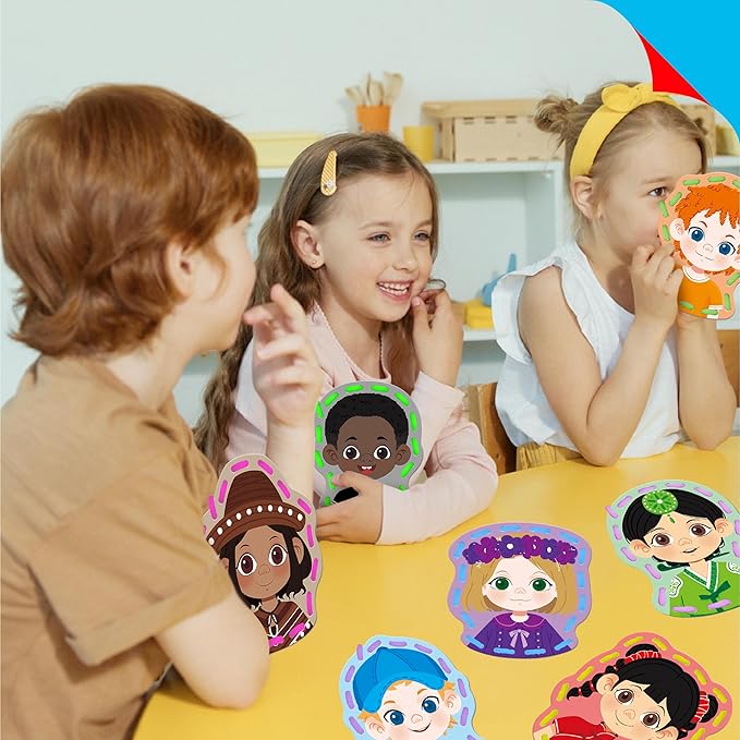 9 Pieces Happy Face Lacing Cards, 9 Double Sided Color Sewing Cards with 9 Colorful Laces, Educational & Learning Activity Games, Imagination Development Lacing Toys for Preschoolers, Kids