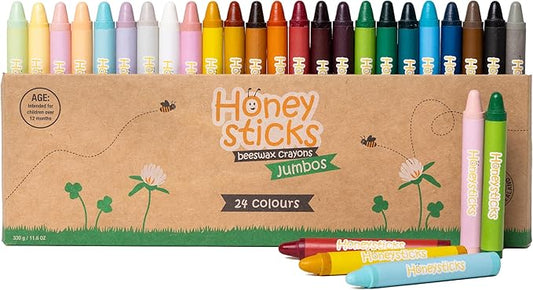 Honeysticks Jumbo Crayons (24 Pack) - Non Toxic Crayons - 100% Pure Beeswax and Food Grade Colors - 24 Bright Colors - Large, Easy to Hold and Use - Preschool Art Supplies for Toddlers/Kids 3-5, 4-8