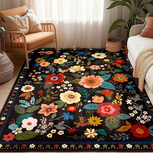 Floral 5x7 Area Rug Machine Washable Soft Print Boho Carpet Non Slip Doormat Low Pile Flower Area Rugs for Living Room Bedroom Nursery Kitchen Dining Room Indoor-Black
