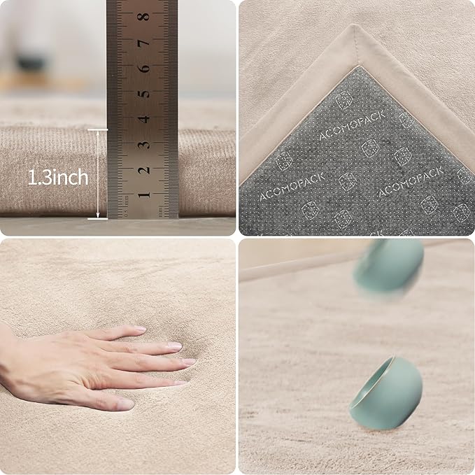 ACOMOPACK Baby Play Mat for Floor 1.3" Thick Memory Foam Play Mat 79"×157 Tummy Time Crawling with Non-Slip Bottom for Living Room,Nursery,Soft Velvet Playpen Mats for Kids,Infants（Beige）