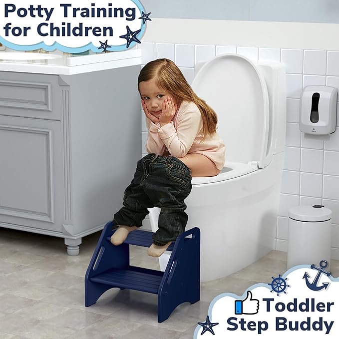 AMBIRD Wooden Step Stool, Two Step Stools Toddler 300 lbs Capacity with Safety Non-Slip Pads and Handles, Bamboo Step Stool for Bathroom, Kitchen Dual Height Step Stools for Kids (Navy Blue)