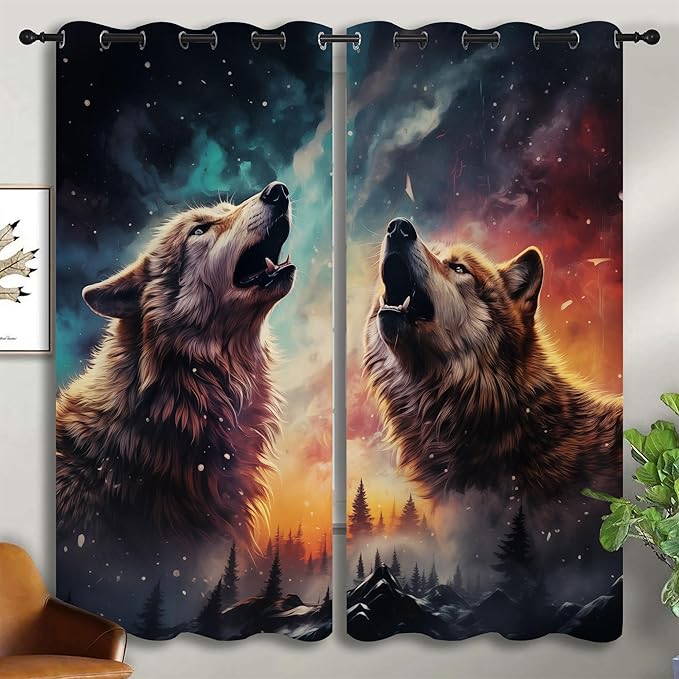 Fantasy Wolf Blackout Curtains for Boys Girl Bedroom Decor,Colorful Galaxy Misty Forest Wildlife Thermal Insulated Grommet Drapes Darkening Window Curtain for Living Room Home 55x63 inch