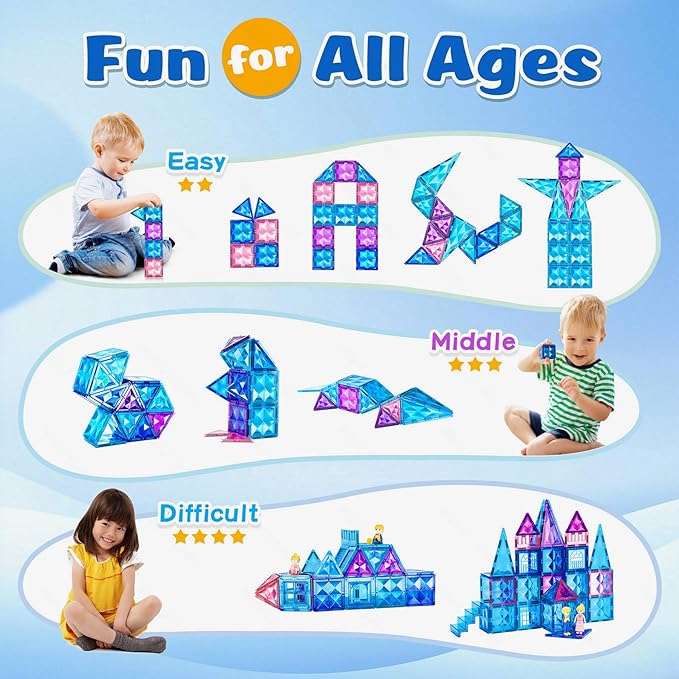 Ice Castle Magnetic Tiles-Sparkling Building Blocks, 3D Educational Toys for Kids, Construction STEM Toys for 3 4 5 6 7 8 Year Olds, Birthday Gift for Boys and Girls