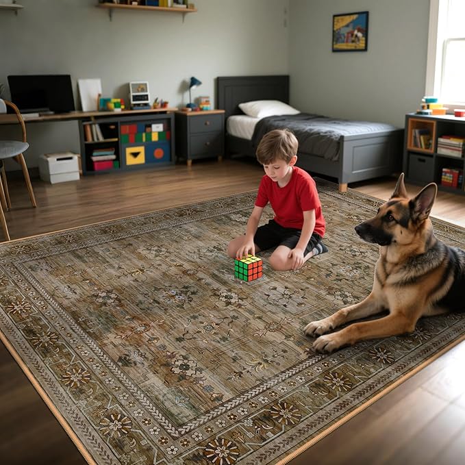 8x10 Washable Area Rug for Living Room, Non Slip Vintage Floral Print Rugs No Shedding, Distressed Thin Retro Accent Carpet for Bedroom Nursery Farmhouse Dining Room Olive/Charcoal