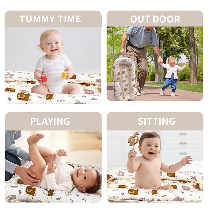 Baby Lounger, Foldable Infant Nest Pillow with Soft Memory Foam Mat, Cover with Adorable Pattern, Converts to Backpack for Easy Travel, 0-12 Months, White