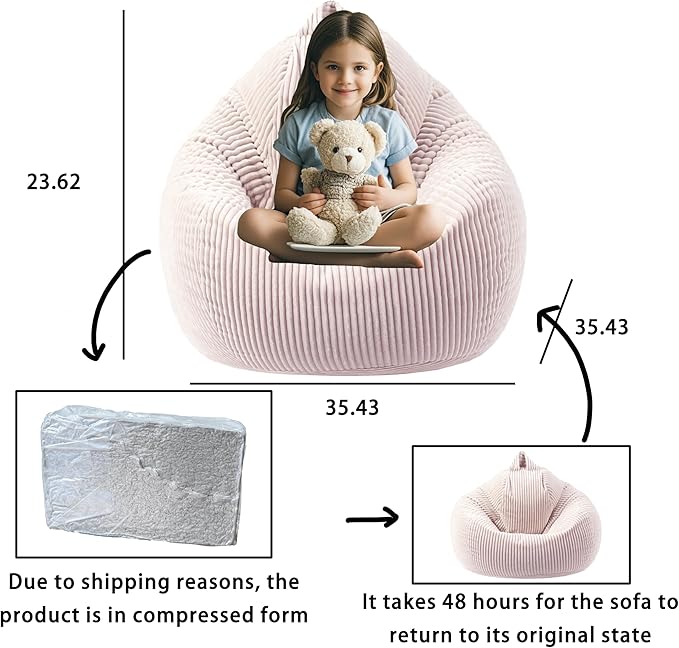 ENBAOHUI Bean Bag Chairs with Memory Foam Chairs for Kids Teens Toddler Faux Fur Sofa Chair with Handle Grey