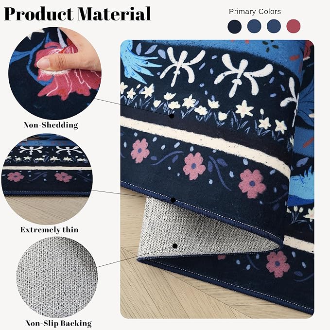 Area Rugs 8x10 for Living Room Clearance Washable Vintage Floral Botanical Rug Non Slip Low Pile Large Rug for Bedroom, Farmhouse, Dining Room, Kids Playroom, Blue