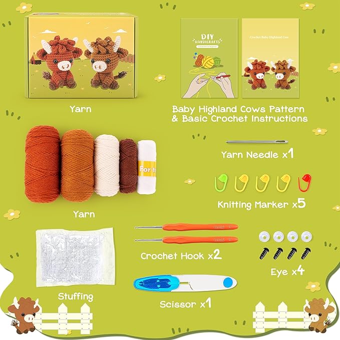 Highland Cow Crochet Kit for Beginners - 2PCS Animals Crochet Kit with Step-by-Step Video Tutorials, Highland Cows Crocheting Kit, Crochet Starter Kit for Kids and Adults, Stuffed Animal Knitting Kit