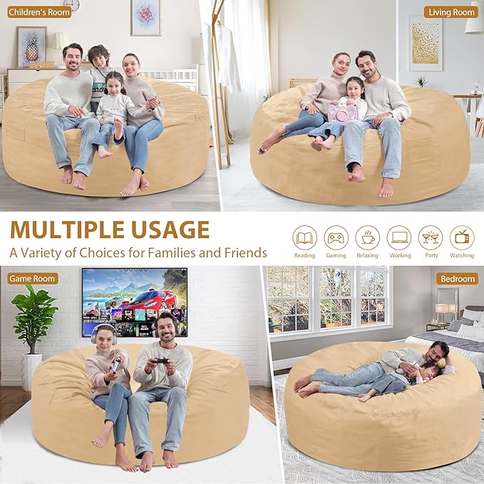 6FT Bean Bag Chair, Large Bean Bag Chairs with Memory Foam Filled, Fluffy Beanbag Sofa with Dutch Velvet Cover, Round BeanBag Chairs for Living Room, Playroom - Khaki