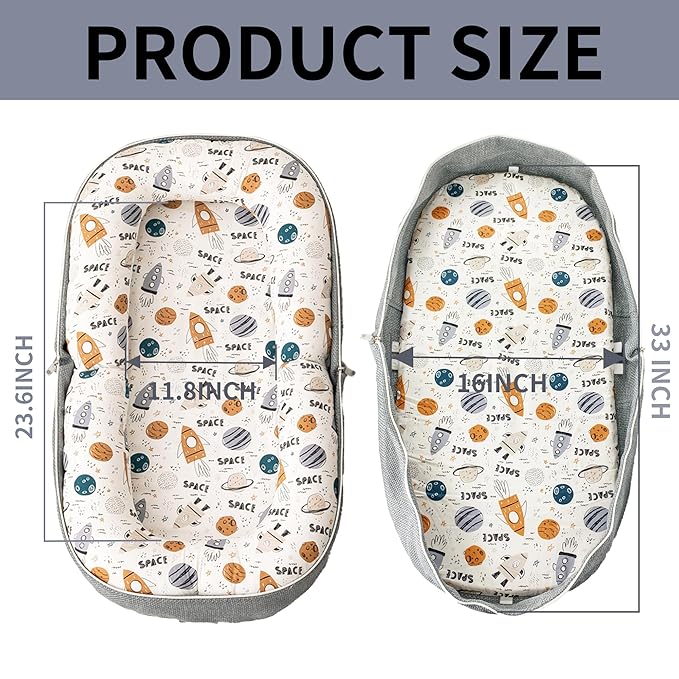 Baby Lounger, Foldable Infant Nest with Soft Memory Foam Mat, Cover with Adorable Pattern, Converts to Backpack for Easy Travel, 0-12 Months, Rocket