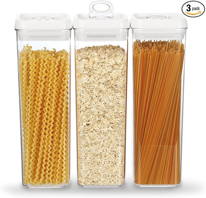 Felli Flip Tite TALL Storage Container with Lid 4" Air Tight Easy Open Ring Top, Clear Acrylic Skinny Canister Jar for Spaghetti Lasagna Fettuccine Noodle, Kitchen Cupboard Pantry Organizer (2.0 qt)