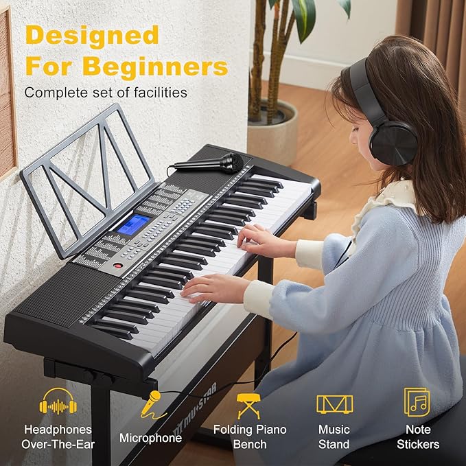 61 Key Piano Keyboard, Electric Keyboard Piano with Light-Up Keys, 255 Tones/Rhythms, Smart Learning System, Headphone, Microphone, Keyboard Stand, Stool, Stickers, Piano Keyboard Set for Beginners