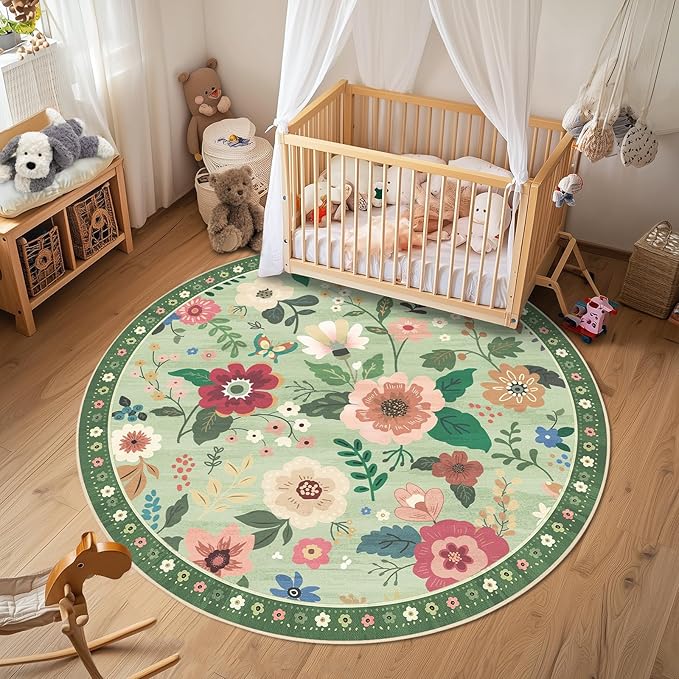 Floral 6ft Area Rug Machine Washable Soft Print Boho Carpet Non Slip Doormat Low Pile Flower Area Rugs for Living Room Bedroom Nursery Kitchen Dining Room Indoor-Light Green
