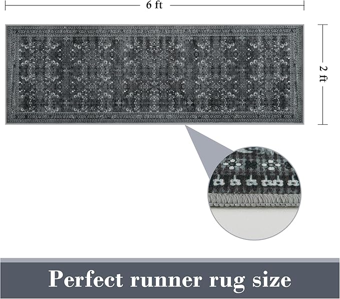 2x6 Washable Kitchen Runner Rug for Hallways, Non Slip Laundry Runners for Bathroom, Low Pile Rubber Backed Rugs for Entryway, Vintage Floral Carpet for Living Room Bedroom Black/Gray