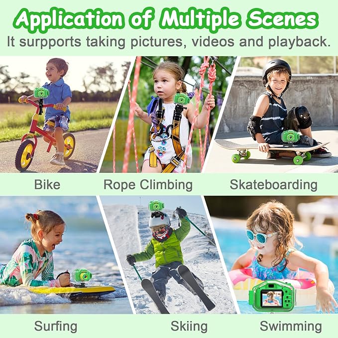 Agoigo Kids Waterproof Camera - Children Underwater HD Video Digital Camcorder, Portable Travel Toy for Toddler - Ideal Christmas Birthday Gifts for Boys Girls Age 3-12 with 32GB Card (Green)