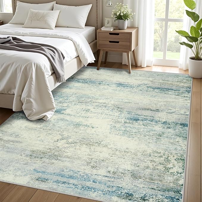 5x7 Area Rugs for Lliving Room Bedroom, Abstract Washable Rugs with Non-Slip Backing, Stain Resistant Thin Carpet for Dorm Dining Room Table Nursery Indoor Home Office-Blue/Gray