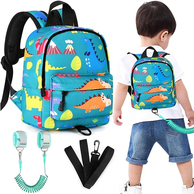 Accmor Toddler Backpack Leash with Anti Lost Wrist Link, Cute Mini Child Walking Harnesses Keep Kids Close Back Pack Rope Tether Rein for Baby Boys (Turquoise/Dino)