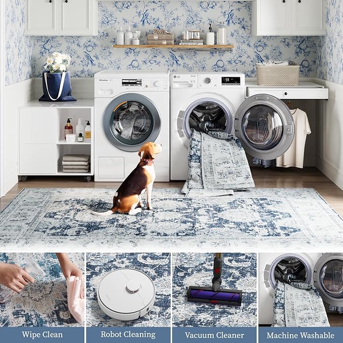 jinchan Round Rug 7ft Area Rugs Vintage Floral Distressed Design Machine Washable Non-Slip Low-Pile Ultra-Thin Circle Rug for Living Room Dining Room Bedroom Home Office Farmhouse (7' Round,Dark Blue)