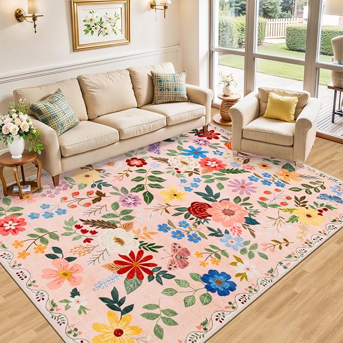 6x9 Area Rugs for Living Room: Floral Washable Rug Vintage Large Soft Boho Non-Slip Carpet Indoor Floor Stain Resistant Thin Carpets for Bedroom Dining Room Farmhouse Nursery Hallway Home Office Beige
