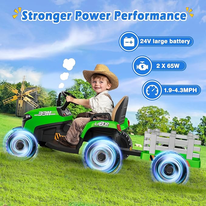 24V Ride On Tractor w/Tiltable & Detachable Trailer, 2x65W Motors, EVA Tires, Remote Control, Bluetooth, Shifter, Music, Electric Car for Kids, Green
