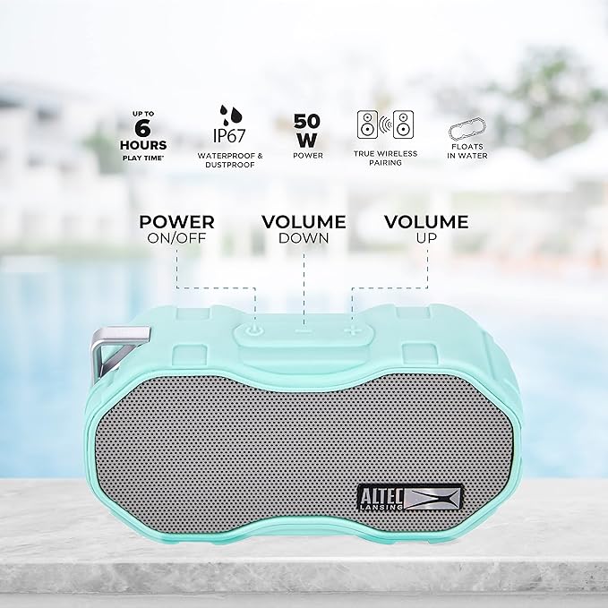 Altec Lansing Baby Boom XL - Waterproof Bluetooth Speaker, Wireless & Portable Speaker for Travel & Outdoor Use, Deep Bass & Loud Sound, 1 Pack, Mint