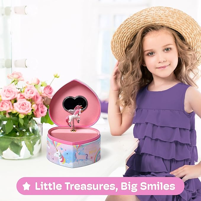 Jewelkeeper Music Jewelry Box for Girls - Sturdy Plastic with Fancy Mirror Twirling Unicorn Figurine and Flocked Lining - Kids Jewelry Box for Secrets and Keepsakes - Heart Shaped Unicorn Print